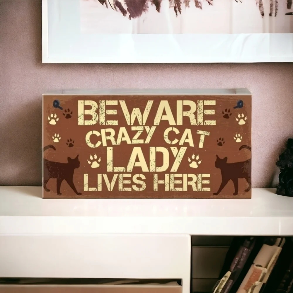"Beware crazy cat lady lives here" wooden sign Wall decor, picture feline kitty